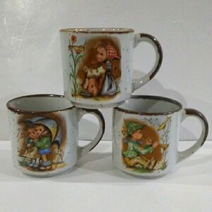 Hummel Brown Speckled Mugs with Children Illustrations Lot Of 3, EUC